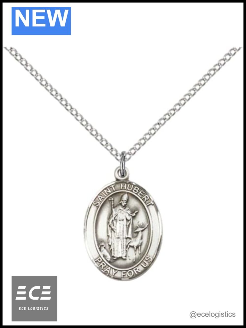 Sterling Silver St Hubert of Liege Pendant Necklace 18" Curb Chain Patron Saint